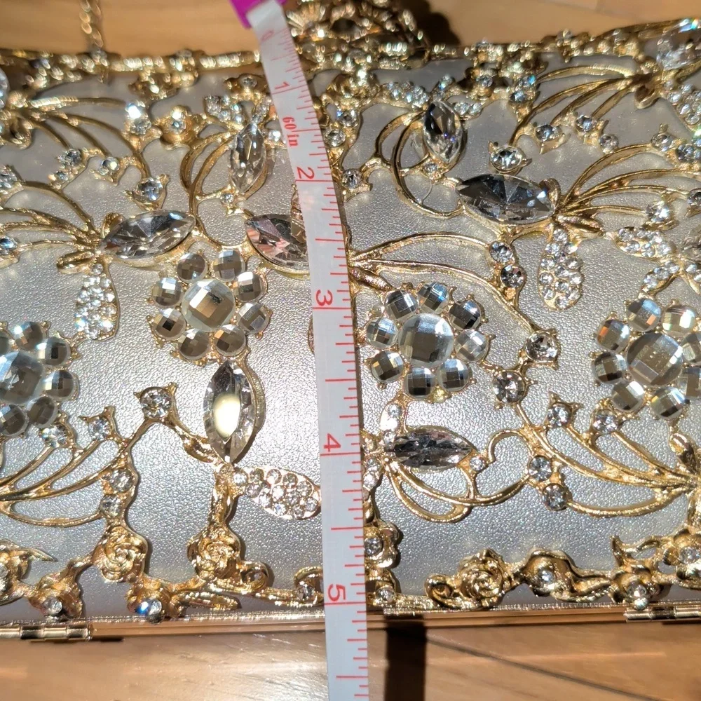 Silver Leather Clutch With Gold And Crystal Floral Embellishments